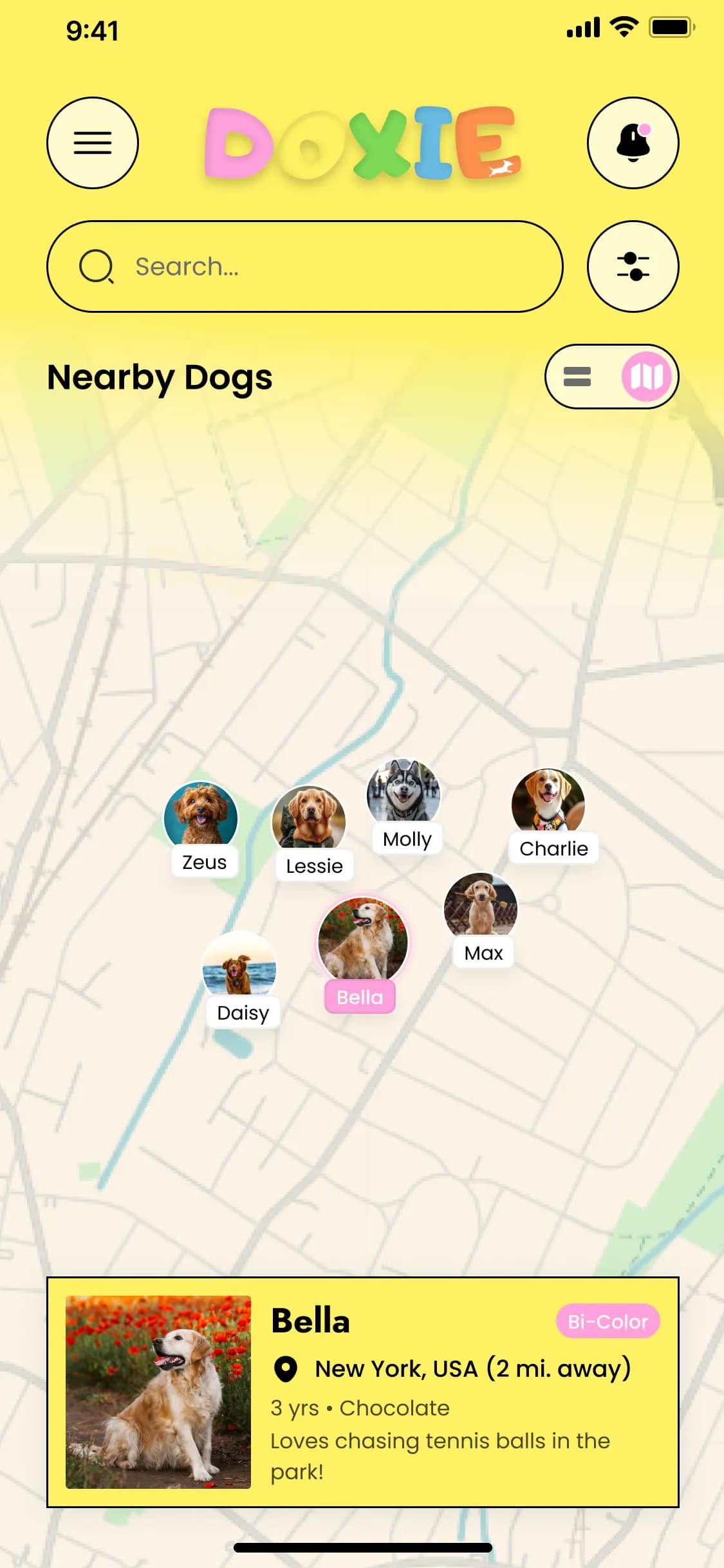 Doxie app nearby dogs screen